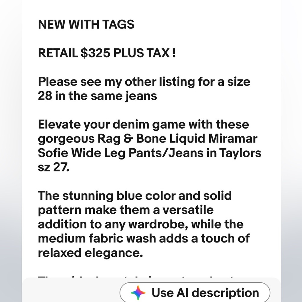 Rag & Bone NWT $325 Liquid Miramar Sofie Wide Leg Blue Jeans Taylors 28 - Picture 5 of 7